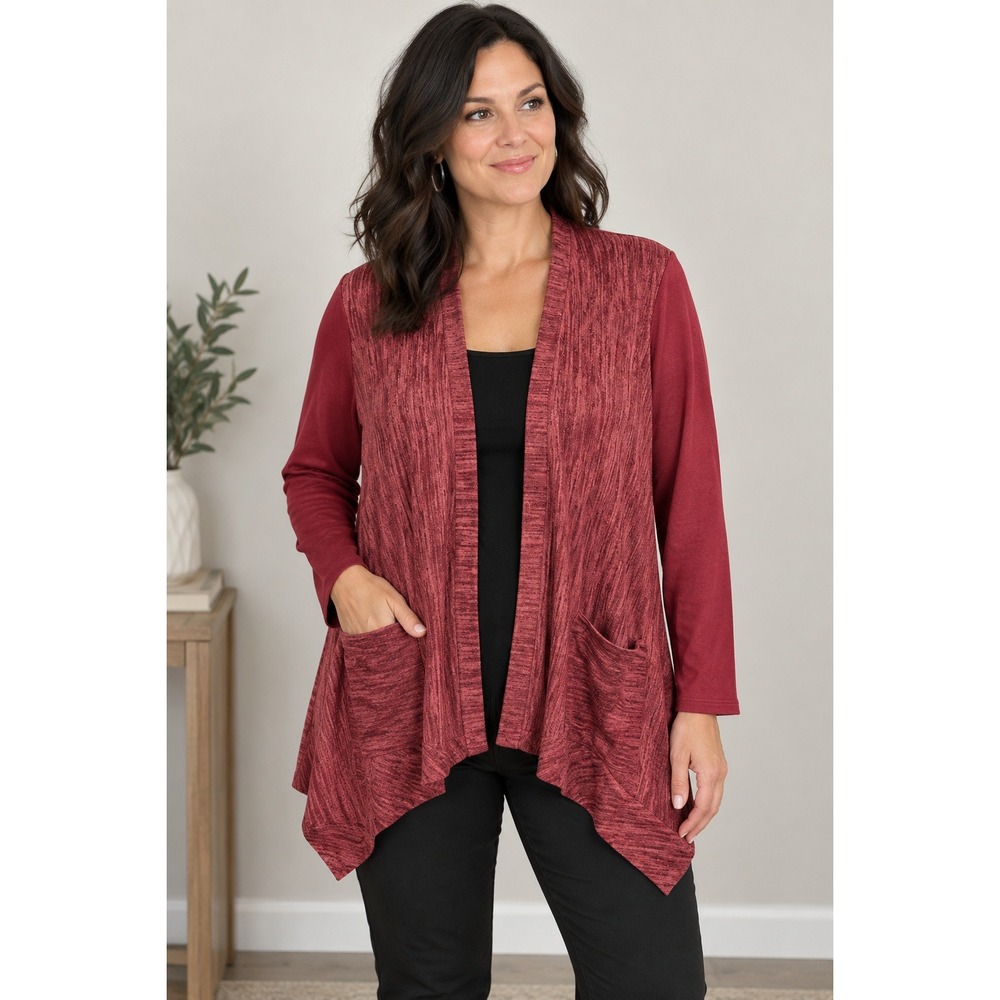 LOGO Lori Goldstein Cardigan Women's Medium Faux Suede Sleeves Full Zip Red